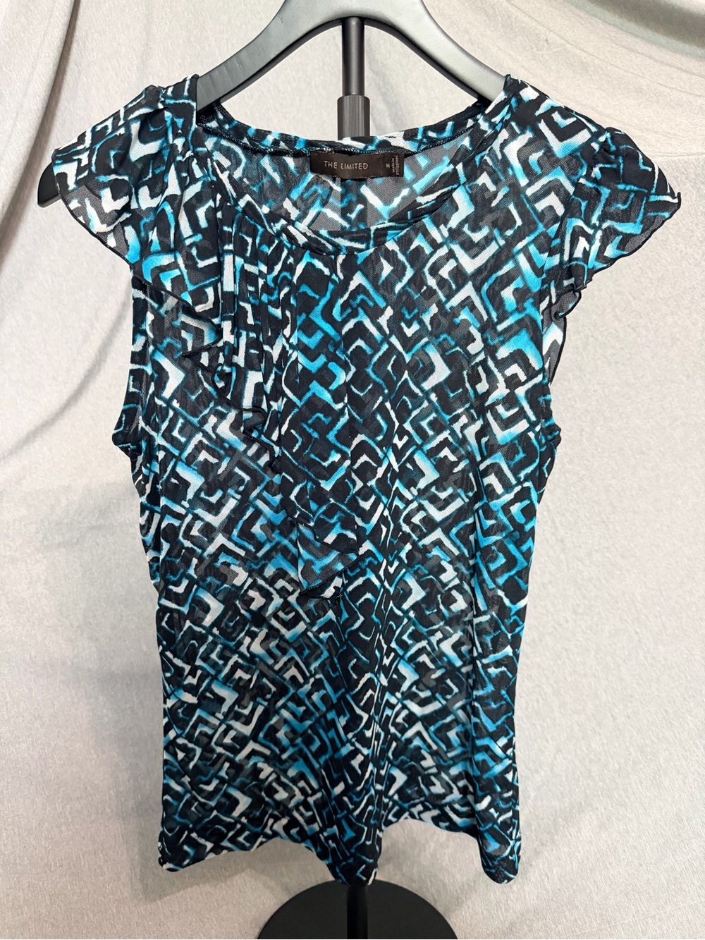 The Limited Blue, Black & White Geometric Cap-Sleeve Top